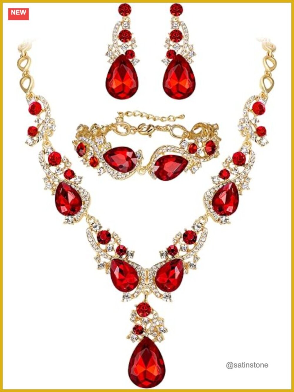 Crystal Teardrop Cluster Statement Jewelry Set - Necklace Earrings Bracelet